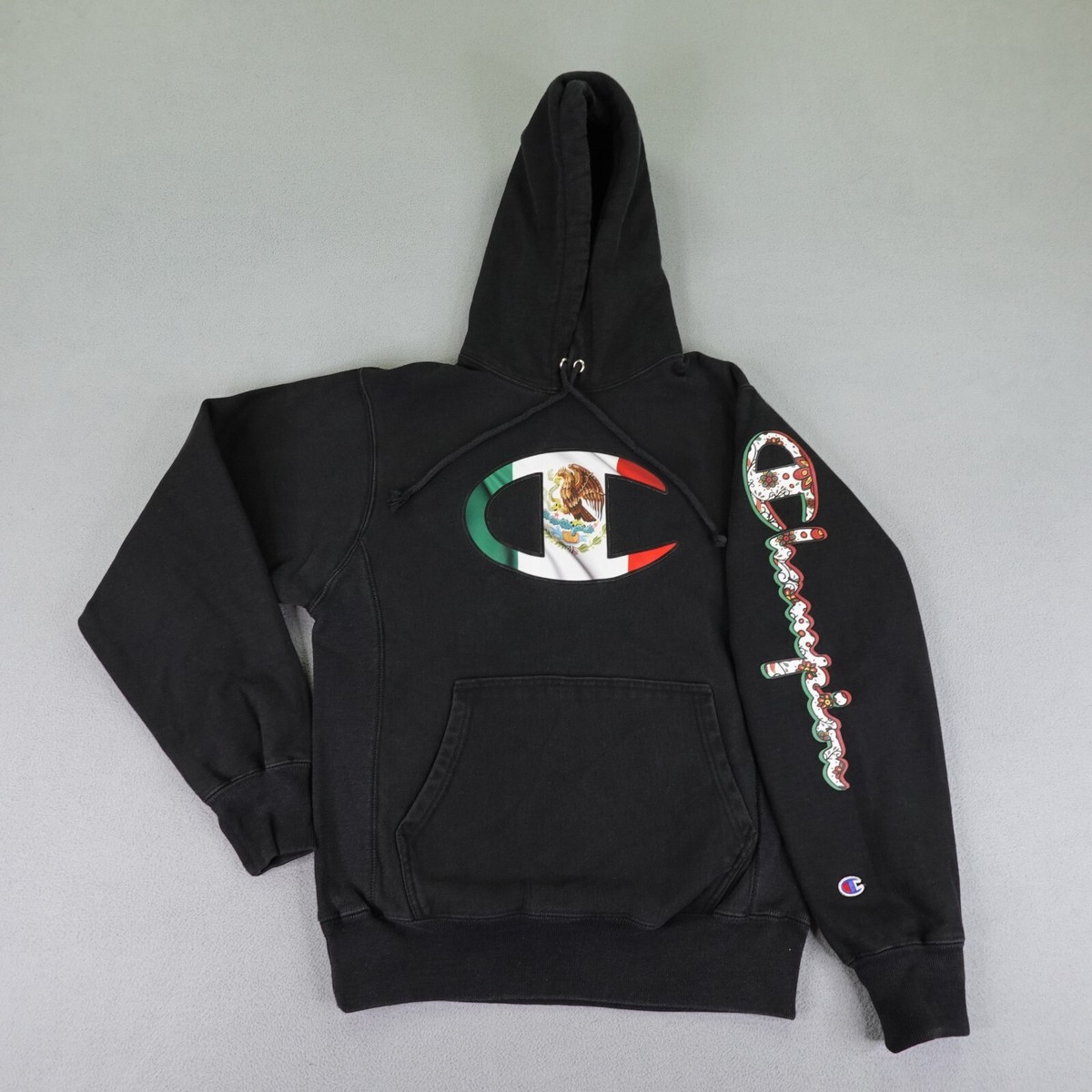 Champion Hoodie Mens Small Black Mexico Mexican Flag Reverse Weave