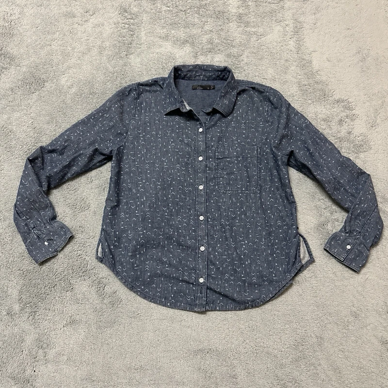 prana washed out denim button geometric side slit shirt