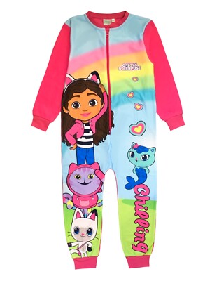 Mädchen Gabby's Puppenhaus 1 Einteiler Pyjama Reißverschluss rosa Schlafanzug 2-8 Jahre