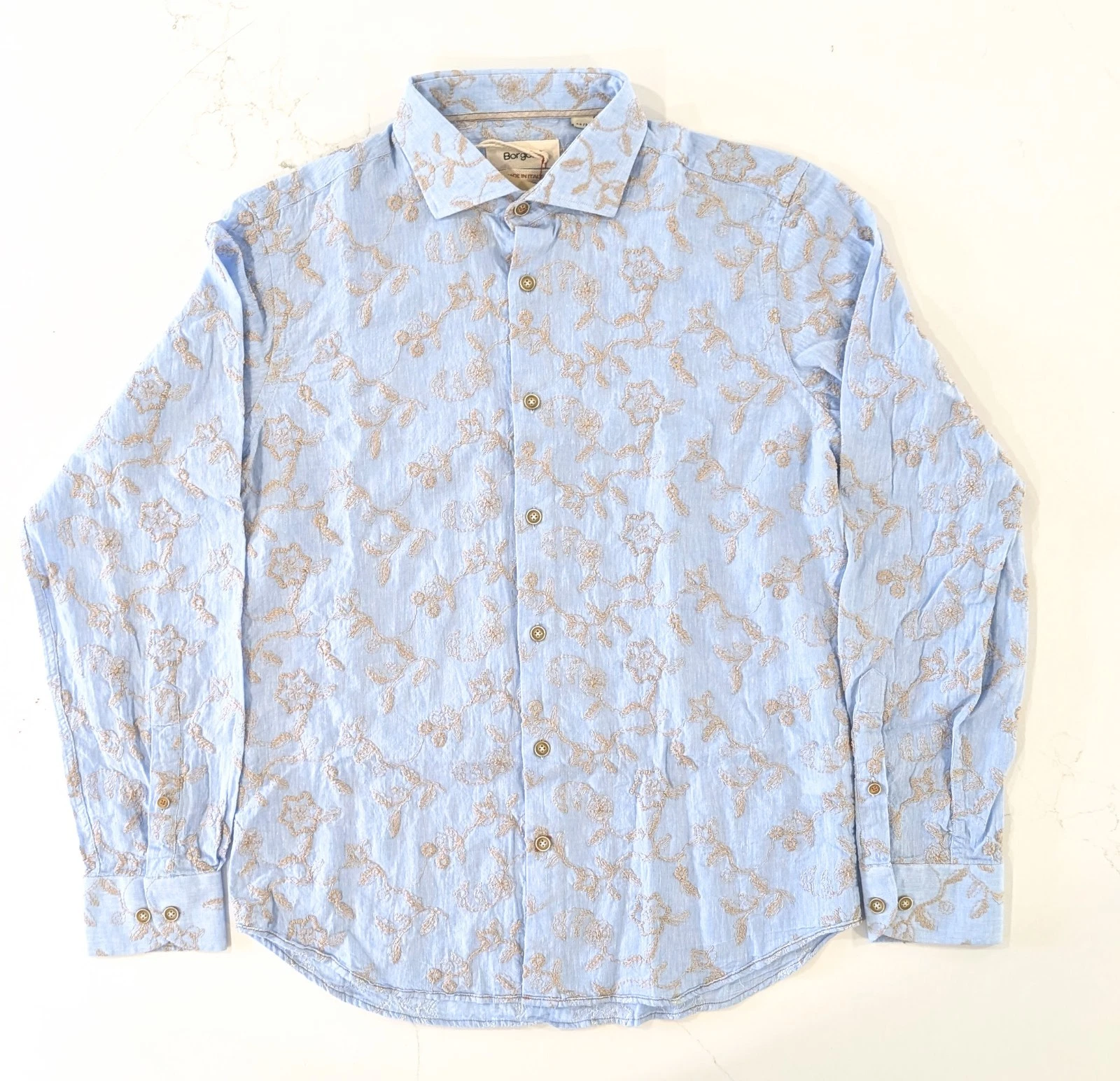 Borgo28 Shirt Mens M Embroidered Floral Linen Blend Blue Made in Italy Button Up