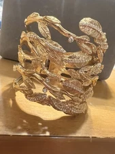 Rachel Zoe Gold Tone Rhinestone Floral/Leaf Large Cuff Bracelet #306