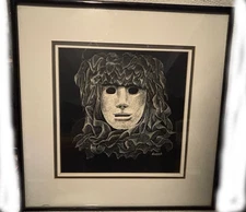 Original Scratchboard Art by Richard Norbeck – Signed Surreal Mask Portrait