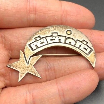 Vintage Kewa Joseph De Vern Coriz Pueblo Star Sterling Silver 14K Gold Brooch