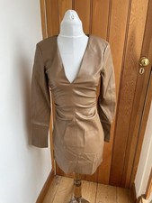 Zara Brown Faux vegan Leather Pu Long Sleeved short Dress ROUCHE V NECK xs l new