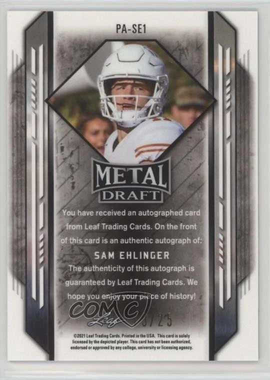 2021 Leaf Metal Draft Portrait Blue Crystals /25 Sam Ehlinger Rookie Auto RC - Image 2 of 2