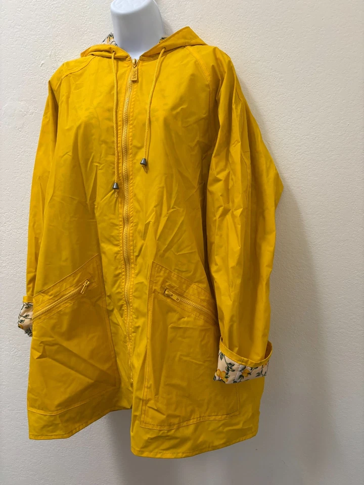Chaqueta de Lluvia Totes Grande Amarilla Forrada Floral Con Capucha PVC Resbaladizo Bolsillos con Cremallera Foto 3 de 4