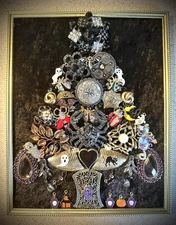 Framed Jewelry Art, Spooky Halloween Christmas Tree, Ghosts, Bats, Gothic, Glam