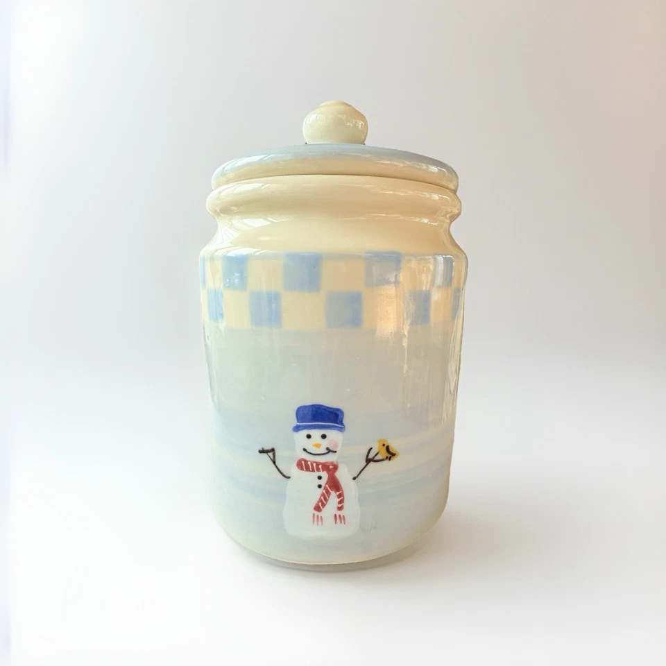 Hartstone Snow People muñecos de nieve copos de nieve bote a cuadros azul tarro de galletas ¡FIRMADO! Foto 3 de 4
