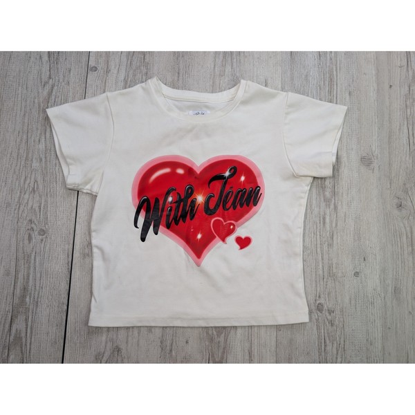 With Jean Heart Logo Baby Tee White Short Sleeve Graphic T-Shirt XS 2073