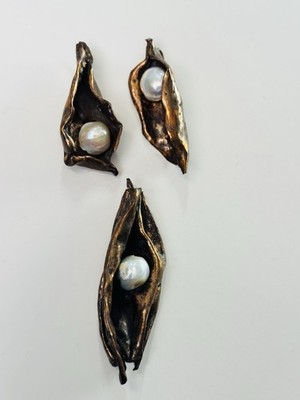 Artisan Copper & Pearl Pod Earrings + Pendant Signed JB | Organic Asymmetrical