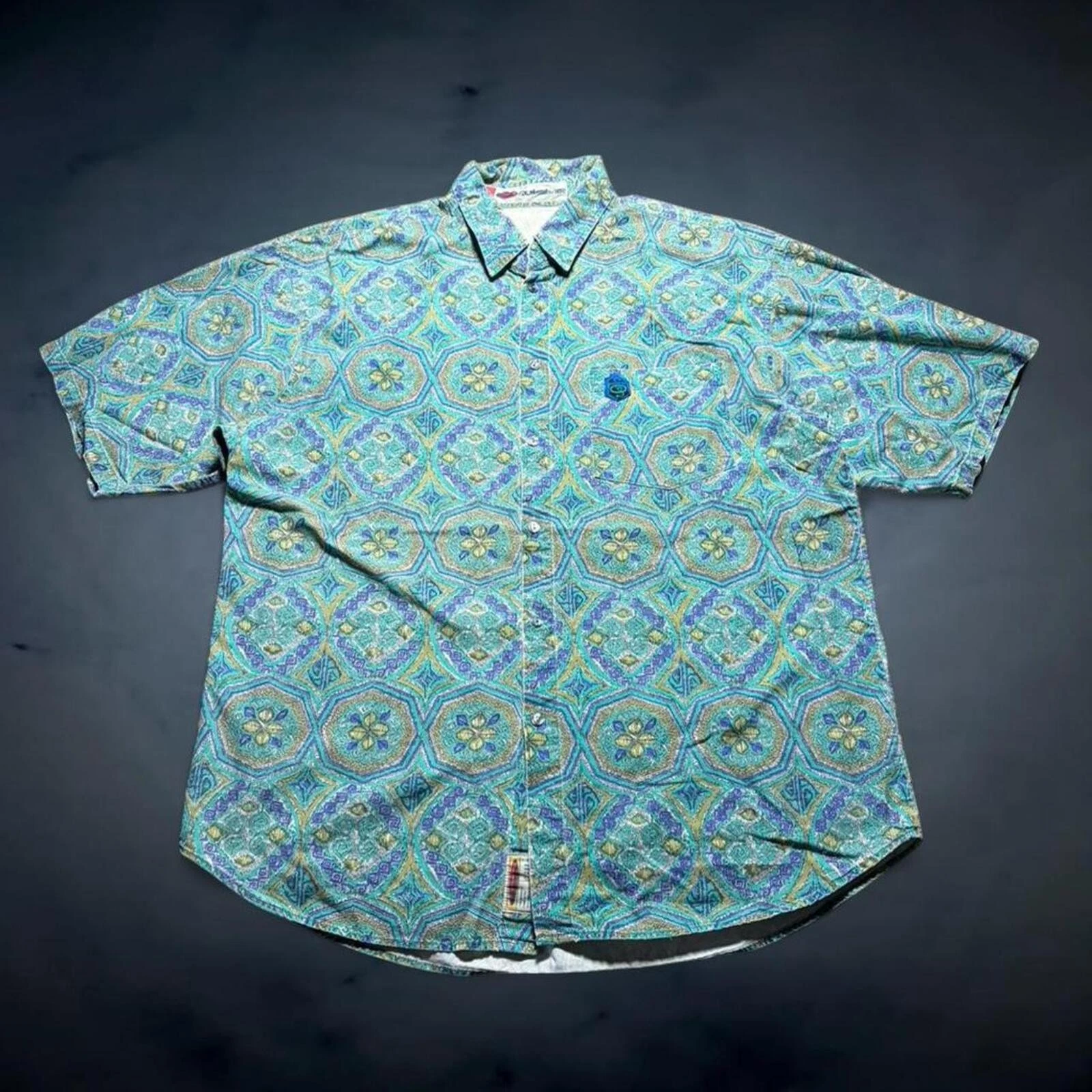 Vintage Y2K Quiksilver Pattern Button Up Shirt Teal Blue Geometric Large Surfer