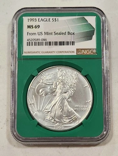 1993 Silver Eagle S$1 NGC MS69 From US Mint Sealed Box ~ Green Core ASE
