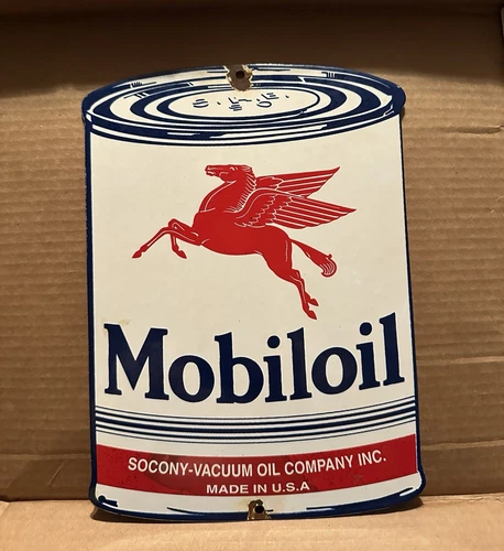 VINTAGE Authentic  MOBILOIL MOTOR OIL CAN PORCELAIN SIGN MOBILOIL SOCONY