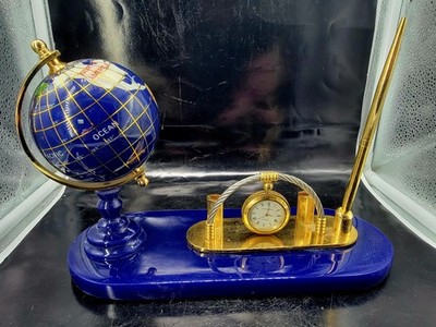 Blue Globe Desk Set With Clock Holder And Pen Read Disc..