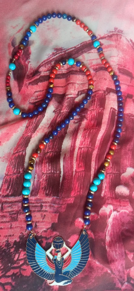 Collana Iside egiziana in lapislazzuli turchese pasta di corallo e pendente raro - Immagine 2 di 4