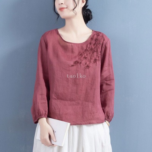 Women Long Sleeve Shirt Floral Embroidery Cotton Linen Blend Tops Loose Fit Thin - Bild 21 von 29