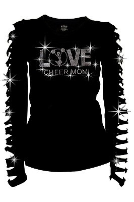 Jr, Jr PLUS Size Love Cheer Mom w RHINESTONES T-SHIRT,RIPPED SLIT CUT OUT S~3X