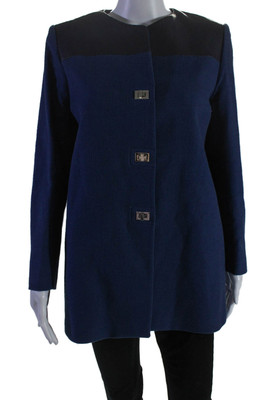 Sandro Womens Leather Contrast Jacket Navy Blue Black Cotton Size EUR 40