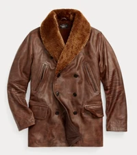 $3200 RRL Ralph lauren Lined Shearling Collar Leather Ranch Coat Jacket-MEN-XL