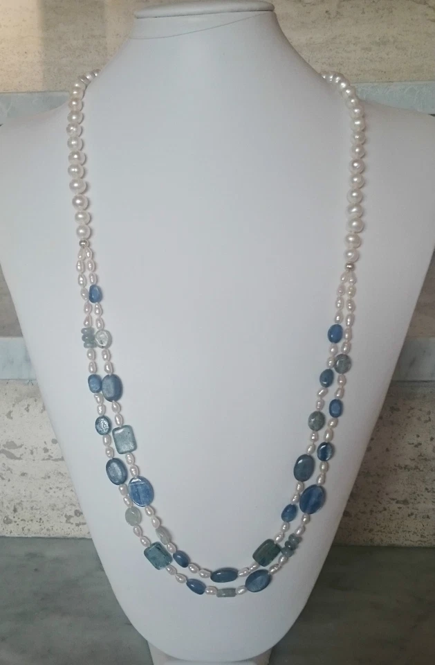 Collana lunga 2 fili in cianite kyanite e perle di fiume Argento 925 87 cm - Immagine 2 di 3