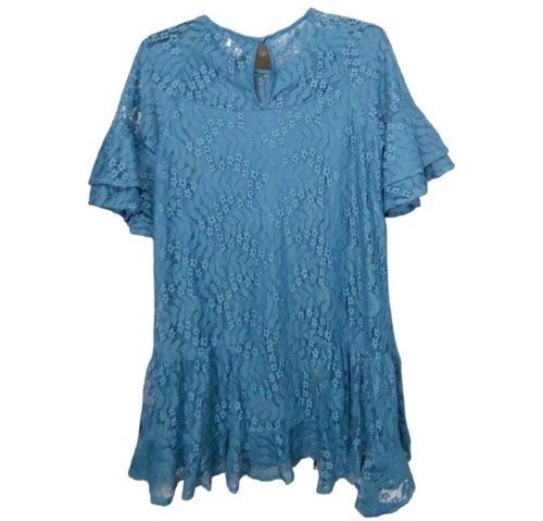 Francesca's Pale Blue Lace Flounce Sleeve Mini Shift Dress Women's Size Large L - Picture 2 of 7