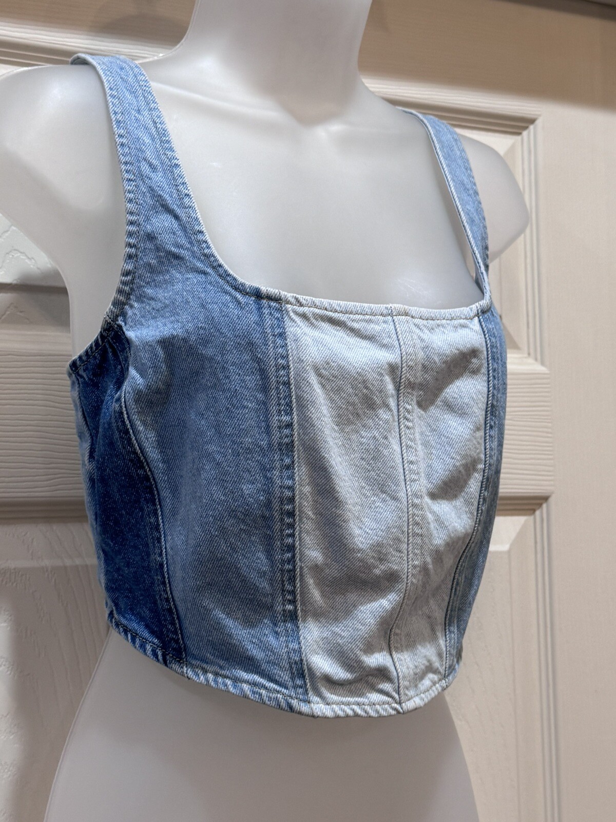 Patchwork Denim Cropped patchwork Sleeveless Halt… - image 3