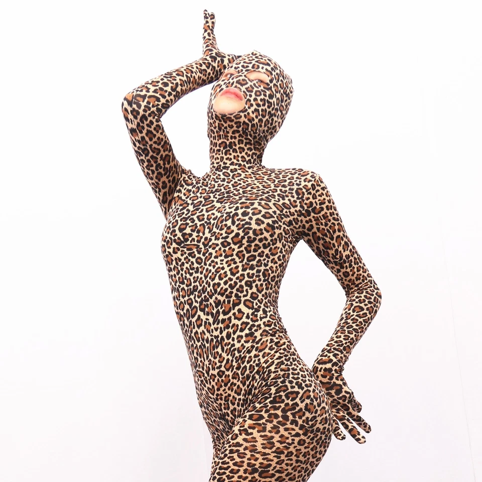 Full Body Stocking Leopard Print Bodysuit Catsuit Attached Gloves Hood Zentai - Image 4 of 4