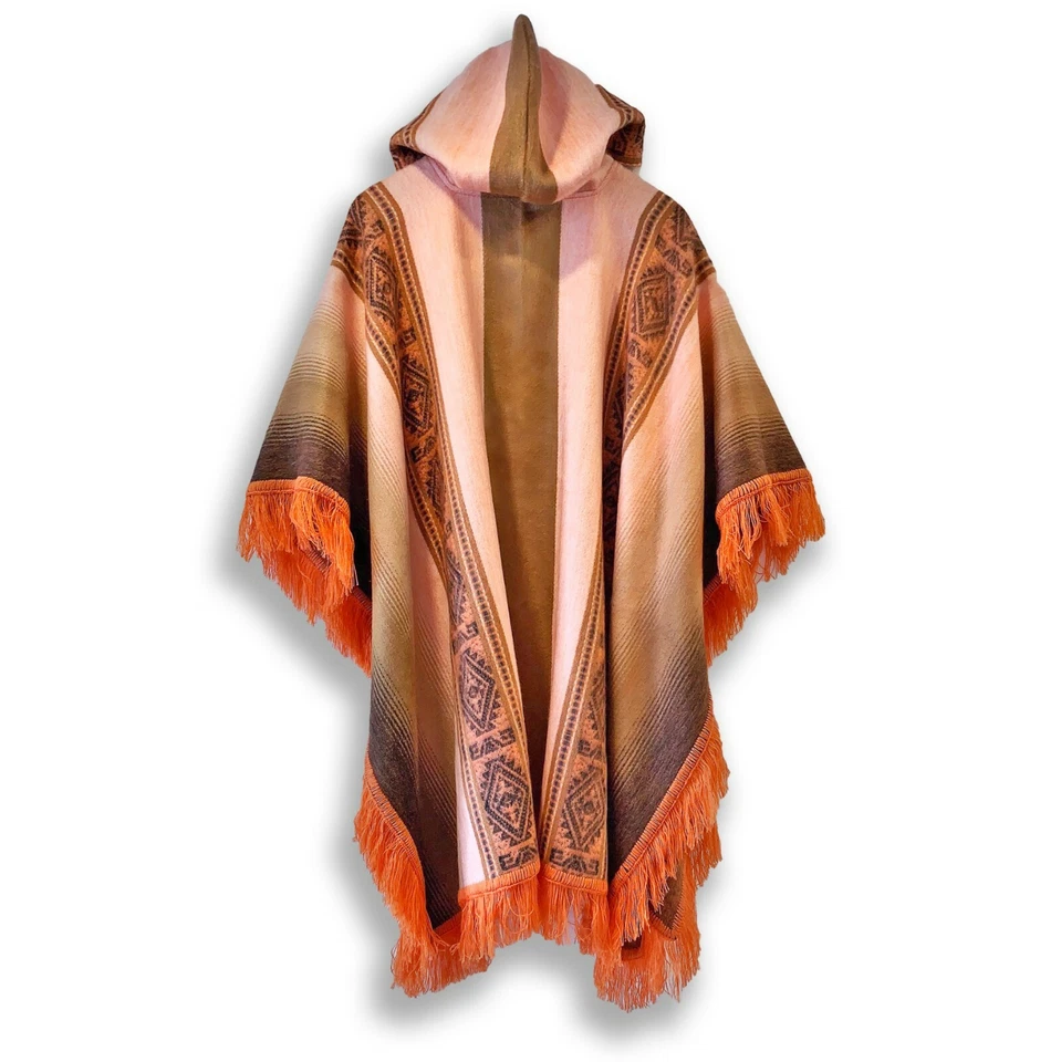 Poncho Pullover Ligero BABY ALPACA Lana Con Capucha Flecos UNISEX Hecho a Mano Foto 2 de 4