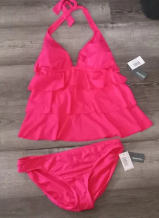 NUEVO CON ETIQUETAS Kenneth Cole Rosa 2 Piezas Sandía Tankini Traje de Baño Grande Halter en Niveles Foto 4 de 4