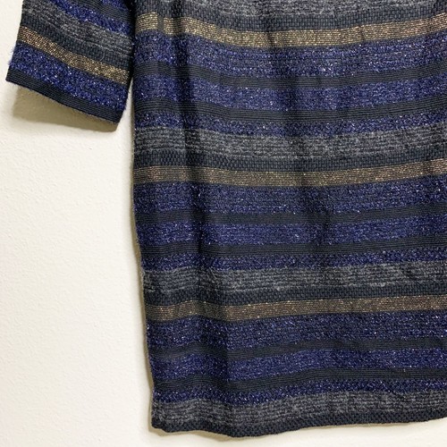 Zara Basic Striped Metallic Sweater Dress Navy Black Gold 4% Wool Lined Mini S - Picture 3 of 6
