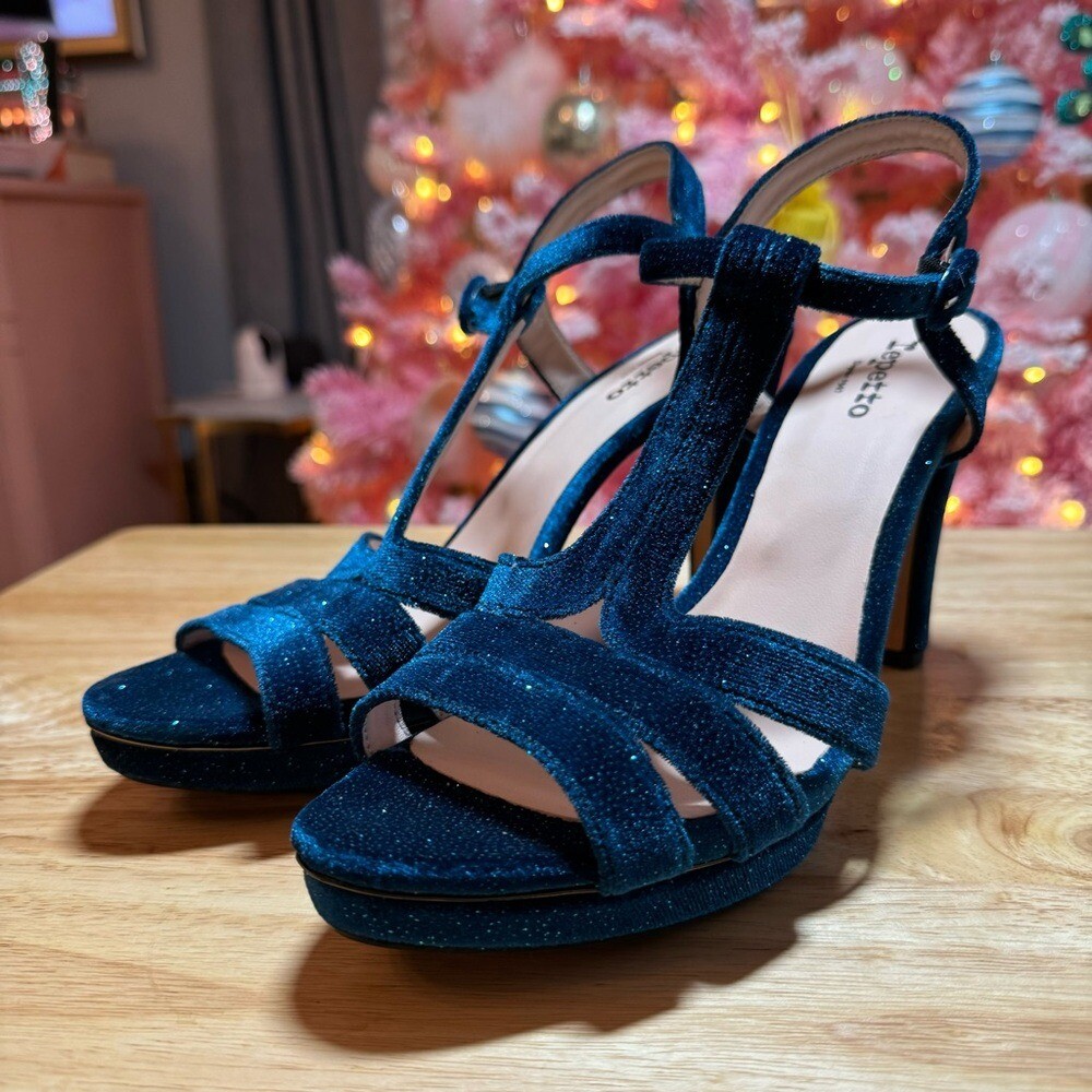 Repetto Teal Bikini Sandals Platform Heels Metallic Velour MSRP $545 EUC