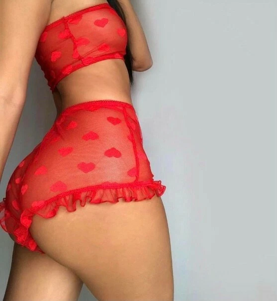 Bandau braga dos piezas coordinada malla de corazón a juego adulto sexy lencería de baile Foto 4 de 4