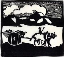 Primitive Folk Art Tile Cut on Paper ca1925 'MAN PULLING CART' 11" x 14" overall