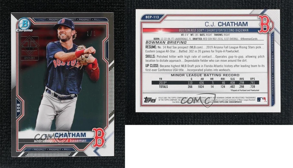 2021 Bowman Chrome Prospects Transcendent VIP Party 1/1 CJ Chatham #BCP-113 9su - Image 3 of 3