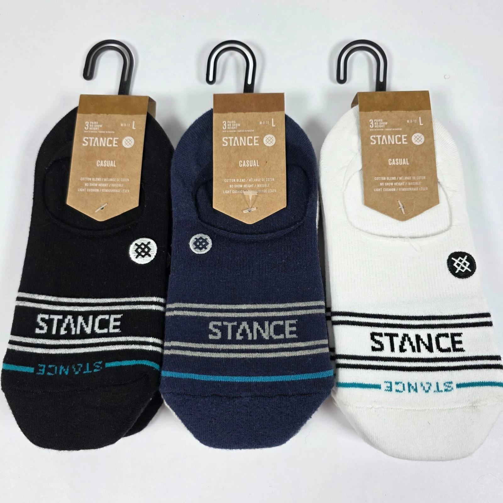 3pk Stance Casual Basic No Show Cotton Blend Socks BLACK GRAY WHITE BLUE L 9-12