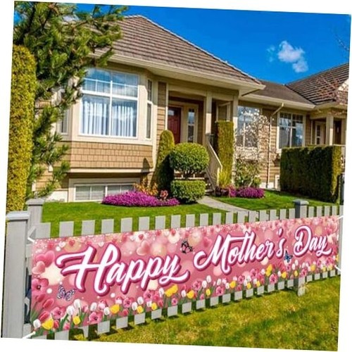 Happy Mother's Day Banner Decorations, 120x20 Inch Yard Sign Decorations, Pink