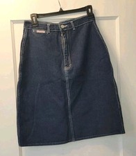 80's Gitano Women's Denim A-Line Skirt Blue Button Pocket Knee Length fits 8