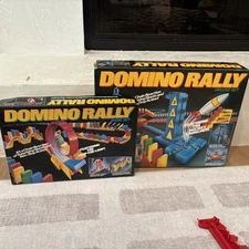 1989 Pressman Domino Rally Basic And Deluxe Set Working Rocket Launcher Complete