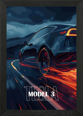 Tesla Model 3 Speeding on Road Gerahmtes Wandbild Poster Leinwanddruck Bild