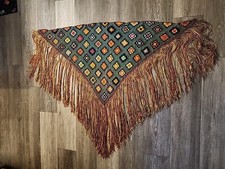 Vintage Handmade Crochet Shawl Womens Granny Square Wrap Fringe Multi 50"   40"