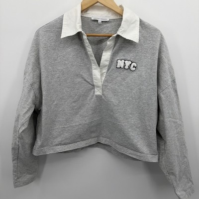 Rebecca Minkoff M Gray Nici Cropped Rugby Shirt Long Sleeve Embroidered NYC