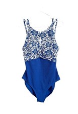 Tommy Bahama Island Cays Hibiscus High Neck One Piece swimsuit blue white Sz 6