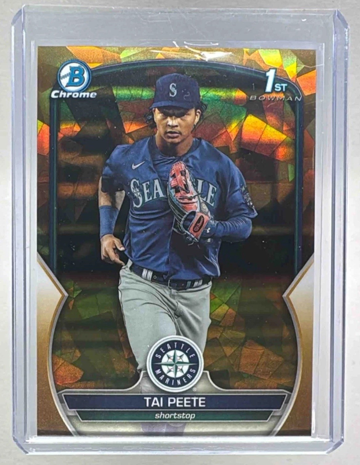 Tai Peete 2023 Bowman Chrome Draft Sapphire #BDC-28 Gold Refractor 1st RC /50