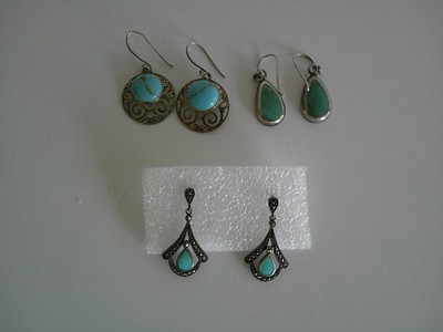 Konvolut 3 Paar Vintage Türkis - 0,925 Sterling 2 Ohrhänger & 1 Ohrstecker