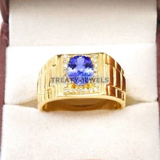 Tanzanite Oval Cut With 925 Sterling Silver Gold Plated Ring For Men's #B699 *