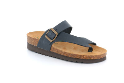 Grunland Damen Sandalen Pantoletten Leder Zehentrenner mit Keilabsatz Anatomisch Blau