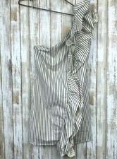 ZARA Denim Dress One Shoulder Ruffle Striped Ivory Blue Bodycon S Small NWT