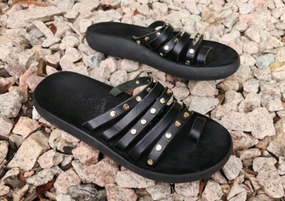 Ancient Greek Sandals Niki Nails Sandals Black Leather Flat Slides Women's 37/7