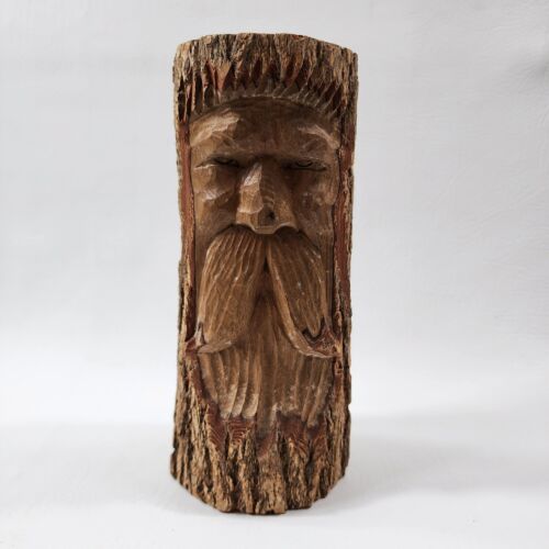 Hand Carved Wood Spirit H. Turpin Tree Face Candle Holder Folk Art Sculpture 9"