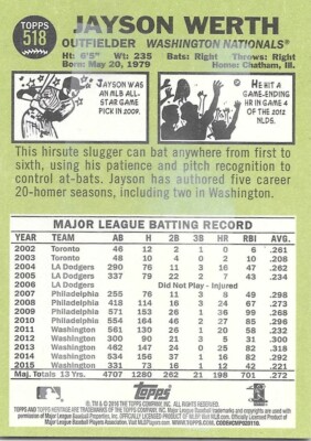 2016 Topps Heritage Hi Number JAYSON WERTH Gum Stain SP Variation - NATIONALS -